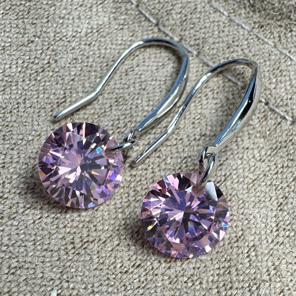 Round Crystal Pink dangle pierced earrings sterling silver